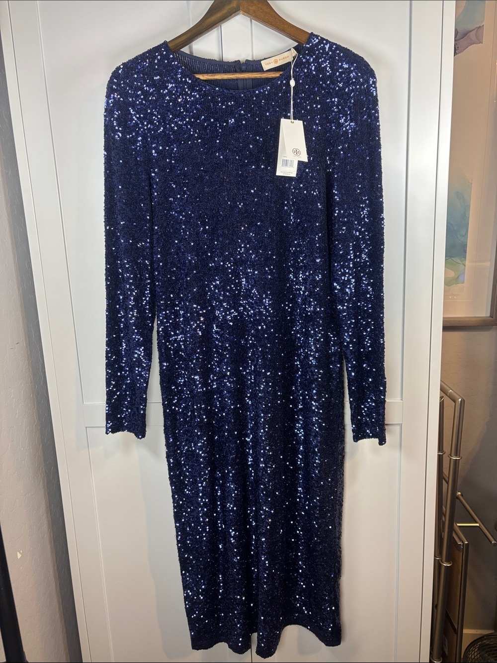 Tory Burch Navy Sequin Long-Sleeve Midi Dress